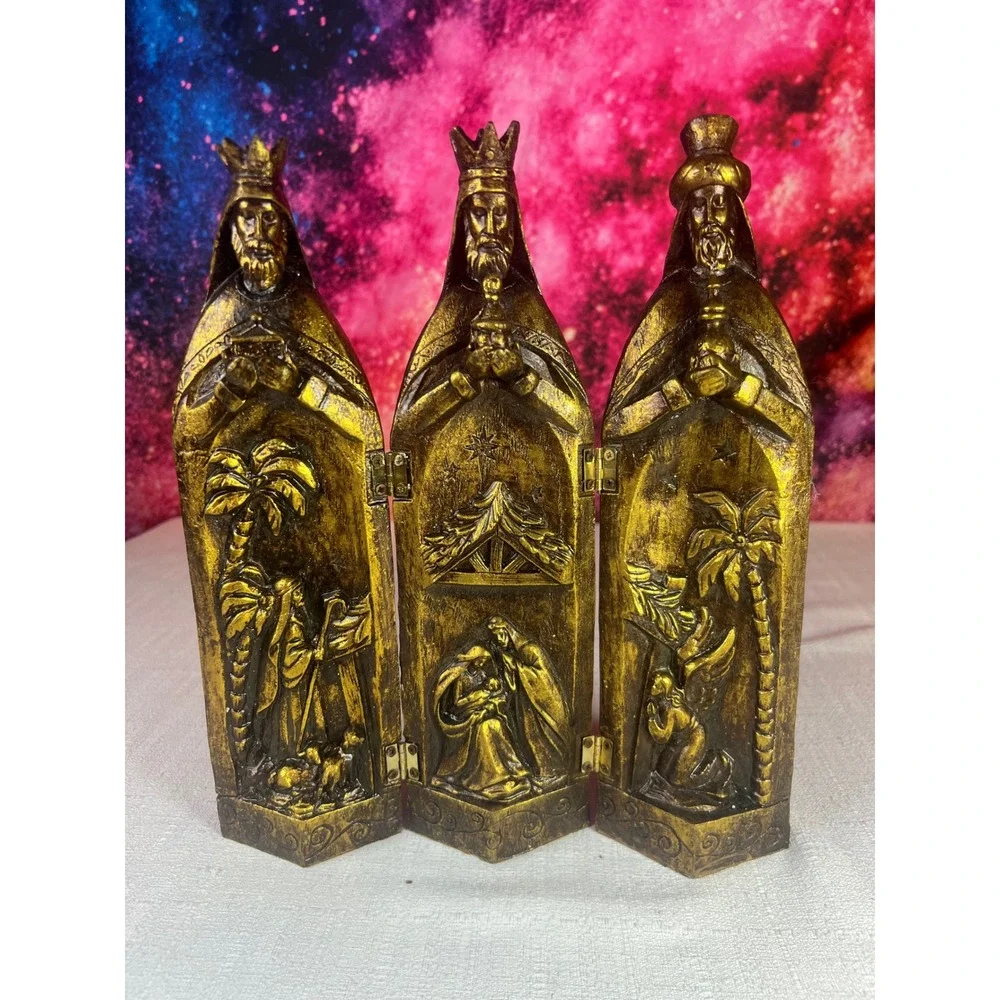 Vintage Gold Triptych Nativity Scene Folding Three Wise Men Christmas Decor 9.5